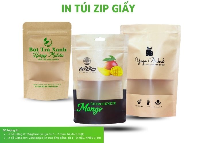 In ấn lên túi zip giấy với các size sẵn có