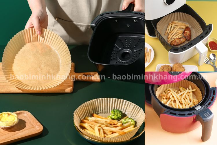 Bạn lót giấy nến vào nồi chiên không dầu trước khi cho thực phẩm vào.