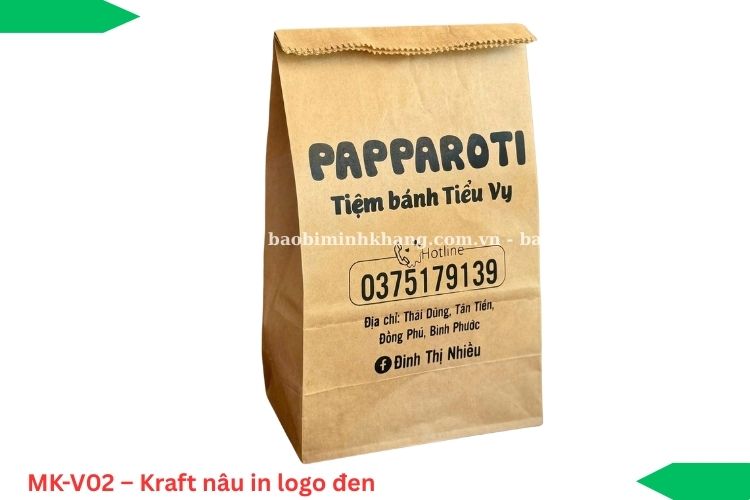 MK-V02 – Kraft nâu in logo đen 1 màu phù hợp tiệm bánh phong cách hoài cổ.