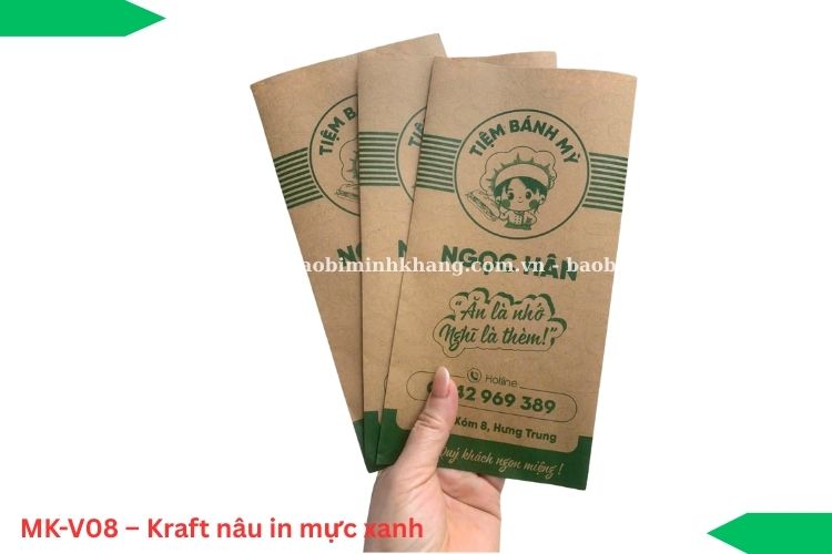MK-V08 – Kraft nâu in mực xanh hiệu ứng tương phản tinh tế.