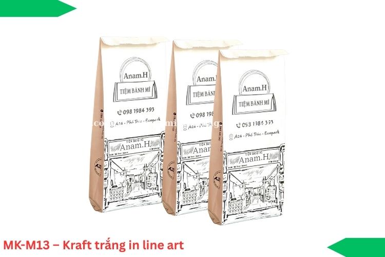 MK-M13 – Kraft trắng in line art đường nét mảnh, tinh tế.