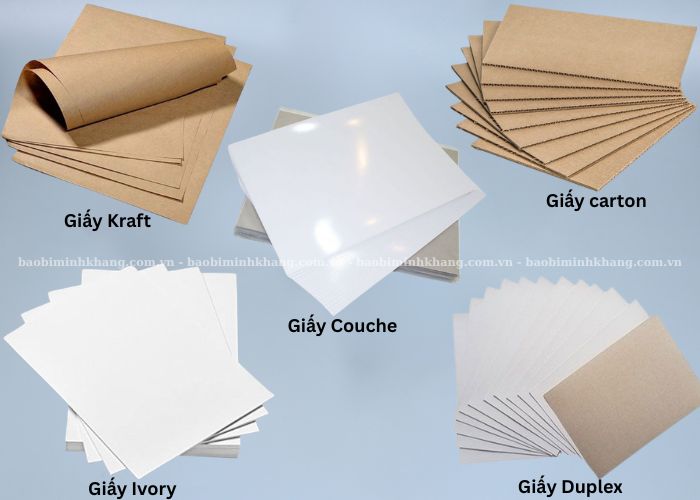 Giấy bao bì có 5 chất liệu phổ biến như giấy Kraft, Carton, Ivory, Duplex, Couche
