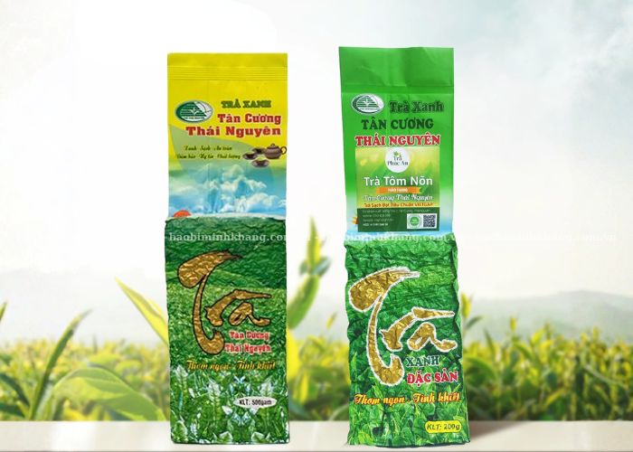 Mẫu bao bì trà hút chân không in sẵn chữ nhũ