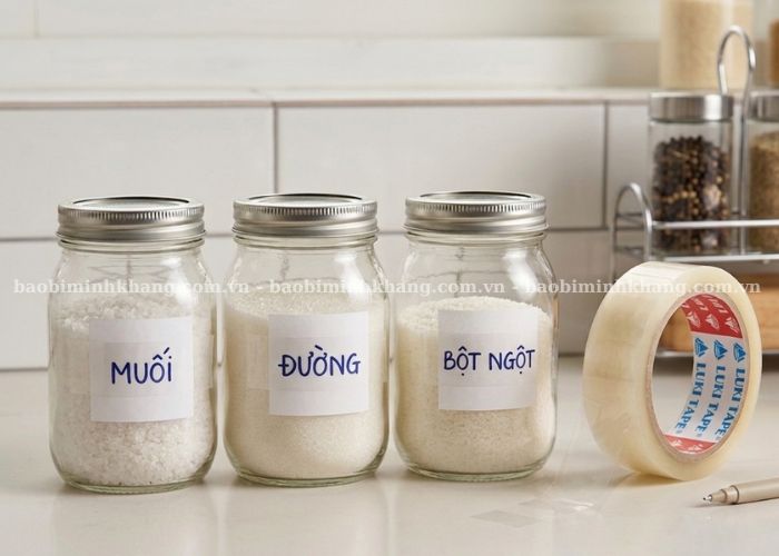 Băng keo trong nhỏ thường để dán nhãn lọ thực phẩm, gia vị trong bếp
