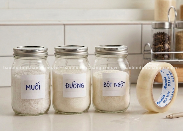 Băng keo trong nhỏ thường để dán nhãn lọ thực phẩm, gia vị trong bếp