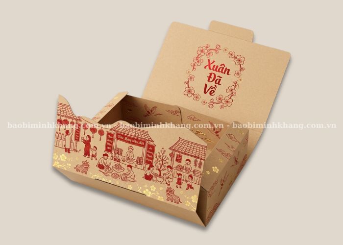 Bao bì Tết dạng hộp giấy Kraft mang lại cảm giác mộc mạc, gần gũi