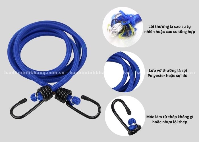 Dây thun buộc hàng có cấu từ 3 bộ phận chính là lõi cao su, lớp vỏ bọc và móc khoá