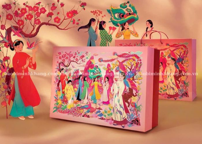 Hộp giấy với thiết kế hình ảnh Tết sinh động, giúp bao bì thêm ấn tượng