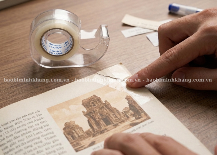 Trong văn phòng phẩm, băng keo nhỏ thường dùng để dán giấy, tài liệu