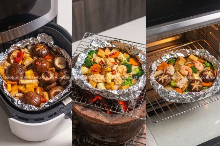 Đậu hũ nướng giấy bạc có thể nướng bằng lò nướng, than hoặc nồi chiên không dầu tùy nhu cầu sử dụng