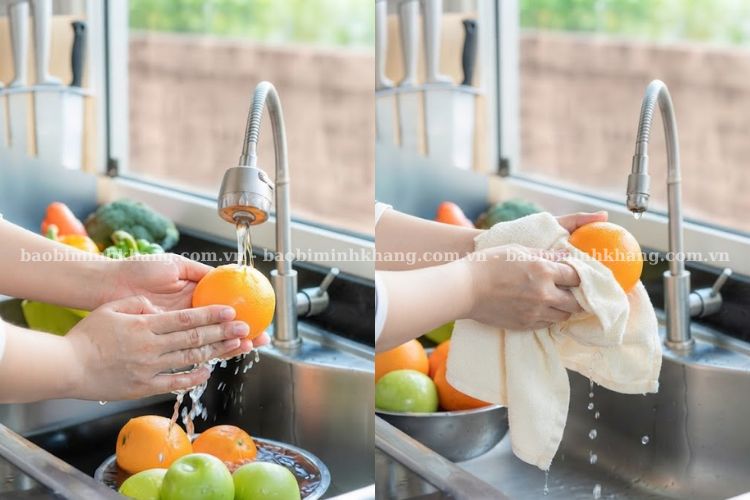 Bạn nên rửa sạch và lau khô trái cây trước khi quấn màng bọc thực phẩm.