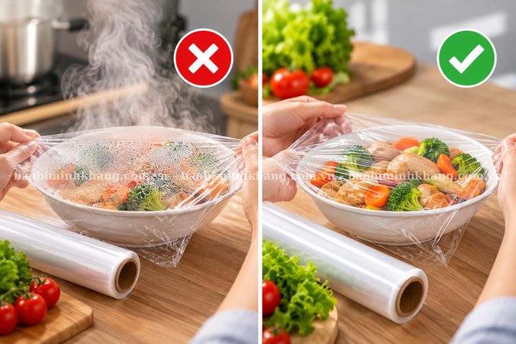 Bạn nên đề đồ ăn nguội bớt, hết bốc hơi rồi mới bọc màng.